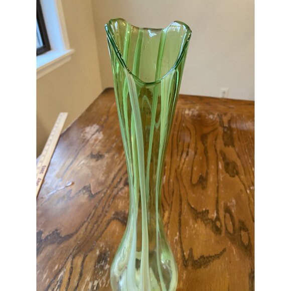 Vintage Green Swung Vase With White Stripe Stretch Glass Artistry 15" Tall - Picture 2 of 5